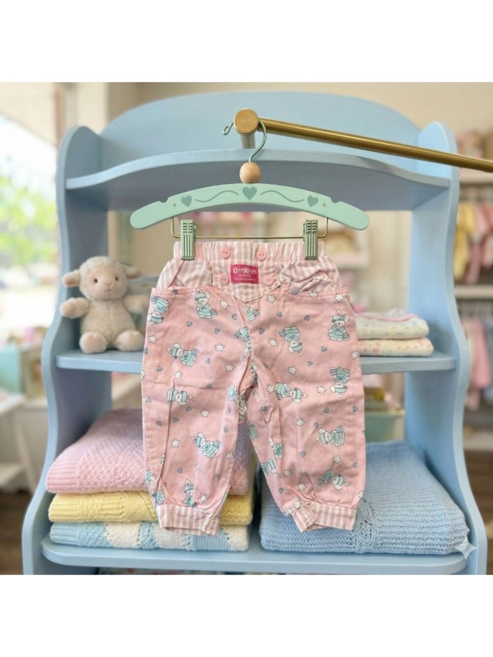 Vintage 90s OshKosh B'Gosh Pink Bunny Print Pants Girls 18 Months Denim Cotton